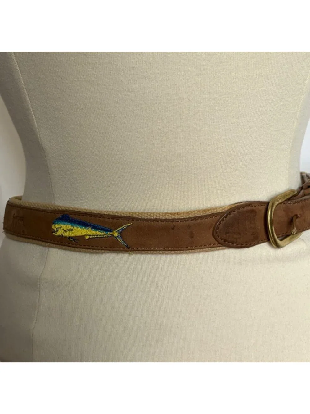 Guy Harvey Brown Leather Canvas Mahi Mahi Fish Belt Mens 32 Preppy Fishing